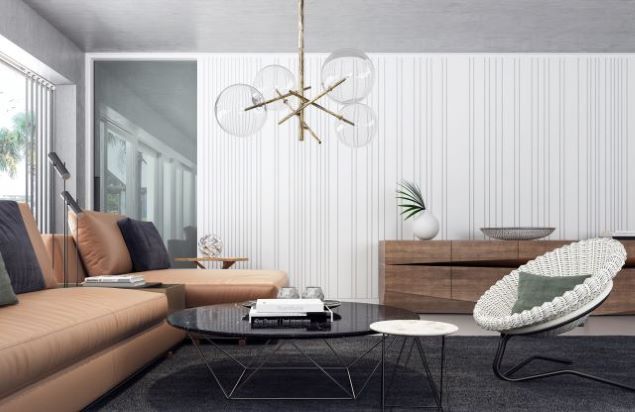 Modern living room with black glass coffee table and brown leather couch